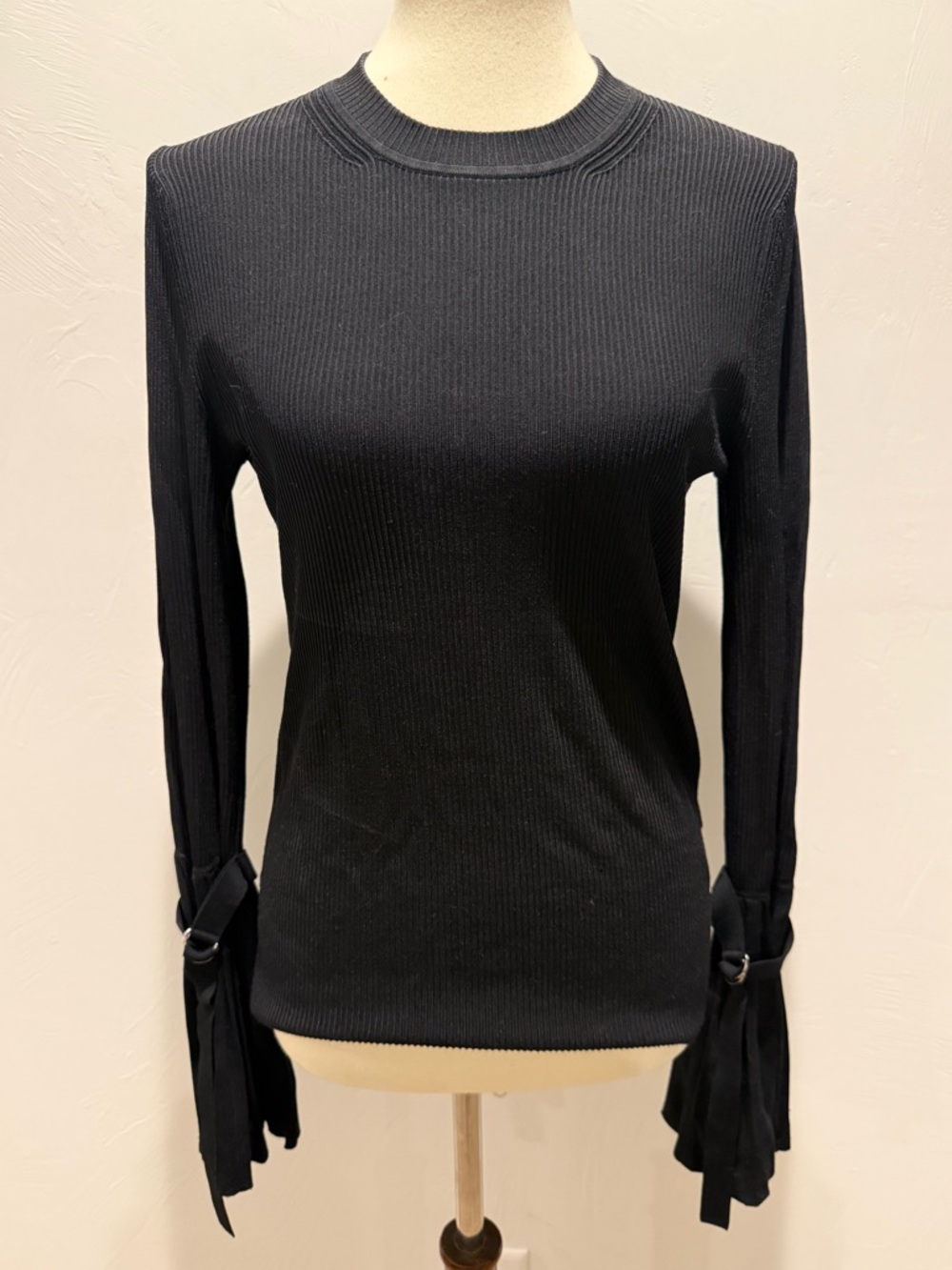 3.1 Phillip Lim Black Ribbed Long-Sleeve Top with Tie Cuffs